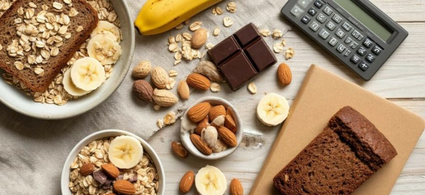 Продукты с углеводами, калькулятор и блокнот с надписью "Net Carbs" на светлой поверхности — визуализация темы подсчёта усваиваемых углеводов