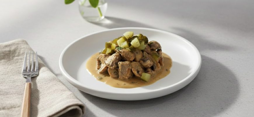 Кето-строганов из свиной вырезки в сливочном соусе с грибами на тарелке