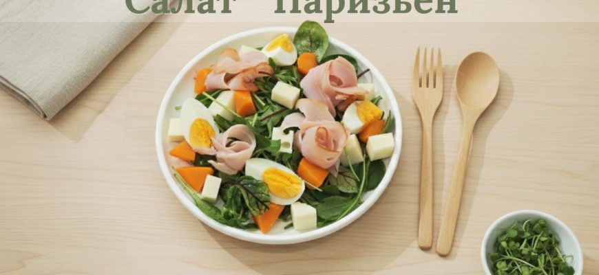 Салат Паризьен с эмменталем, яйцом, индейкой и винегретом на листовой зелени