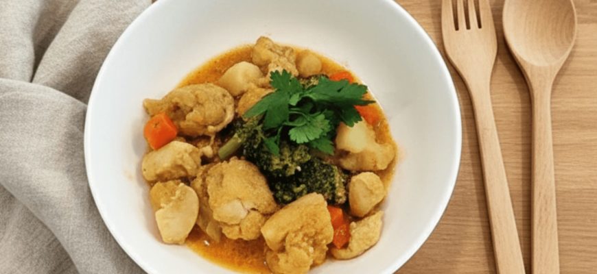 жёлтый карри с курицей, брокколи и цветной капустой на кокосовых сливках