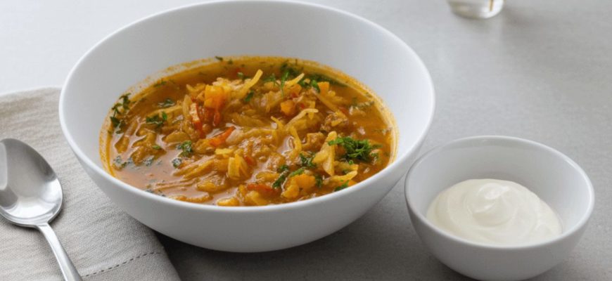 Кето щи с курицей, капустой и беконом в глубокой тарелкекопченостями