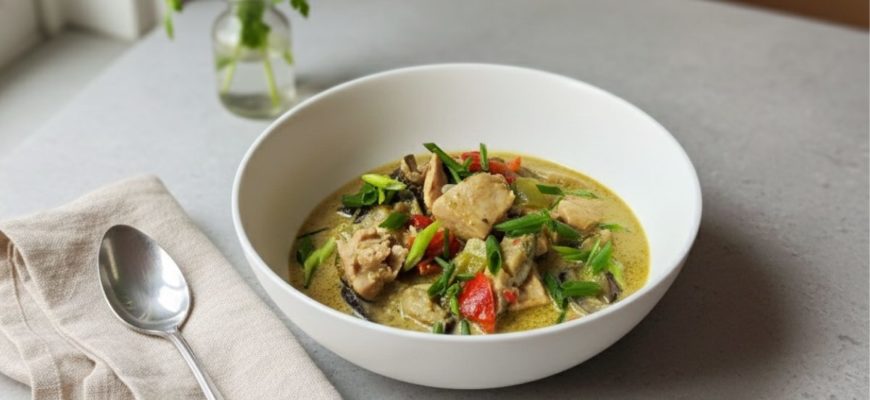 Зелёный тайский карри с курицей, баклажаном и кокосовым соусом