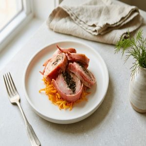 Куриный рулет с грибной начинкой в беконе, нарезанный порционно