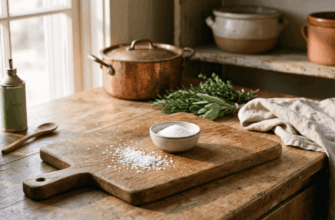 Медная кастрюля с крышкой, деревянная разделочная доска, миска с крупной морской солью, пучки свежей зелени и оливковое масло на деревянном столе.